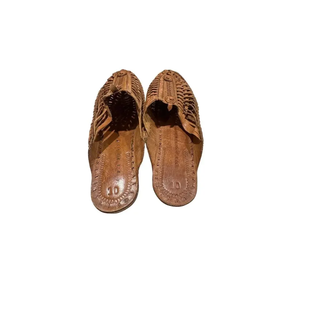 Women’s Handmade Brown Woven Leather Huarache Slide Sandals Size 10